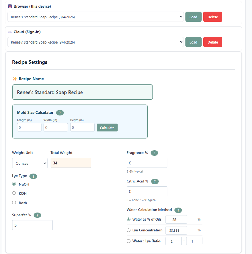 Recipe Settings section showing load dropdowns, recipe name, mold size calculator, and all settings fields