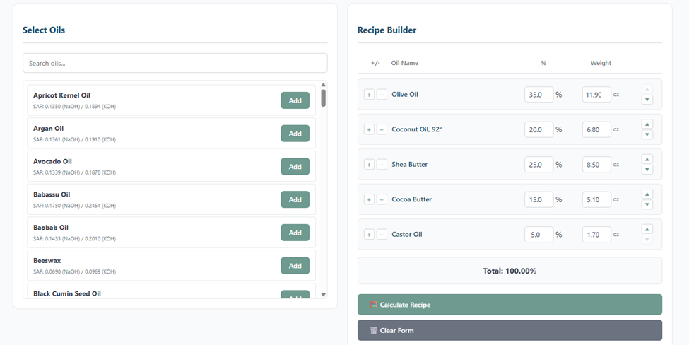Select Oils panel and Recipe Builder showing oils with SAP values and percentages