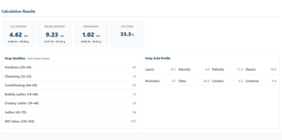 Calculation Results showing Lye Amount, Water Amount, Fragrance, and Lye Concentration, plus Soap Qualities