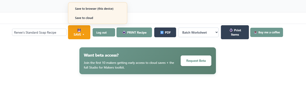 Save bar at the bottom showing SAVE dropdown with browser/cloud options, Log out, Print Recipe, PDF, and Print Items